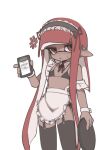  1boy anger_vein apron bikini black_bikini black_thighhighs blush commentary_request cowboy_shot crossdressing crossdressing_(mtf) dark-skinned_male dark_skin detached_collar earclip earrings frilled_apron frills garter_straps hand_up holding holding_receipt holding_tray inkling inkling_boy inkling_player_character jewelry long_hair looking_at_viewer maid maid_headdress male_focus micro_bikini nao_(pixiv92881824) nine_(bepe) pointy_ears red_eyes red_hair red_ribbon ribbon side-tie_bikini_bottom simple_background solo splatoon_(series) stud_earrings sweat swimsuit tentacle_hair thighhighs translation_request trap tray unconventional_maid waist_apron waitress white_background wrist_cuffs 