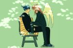 2boys akim0tion angel_devil_(chainsaw_man) angel_wings artist_name black_pants black_suit blue_hair blue_shoes chainsaw_man cigarette commentary earrings eye_contact face-to-face from_side halo hand_in_pocket hayakawa_aki height_difference jacket jewelry long_hair looking_at_another male_focus multiple_boys on_bench pants role_reversal shoes sitting smoking suit suit_jacket traditional_halo wings yaoi 