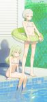  2girls absurdres bang_dream! bang_dream!_it's_mygo!!!!! barefoot bikini closed_mouth commentary day dual_persona eltir flat_chest green_bikini green_hair highres logo mortis_(bang_dream!) mortis_(persona)_(bang_dream!) multiple_girls navel outdoors pool short_hair sitting standing stomach swim_cap swimsuit untranslatable_commentary wakaba_mutsumi yellow_eyes 