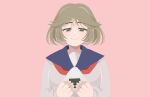  1girl blue_serafuku commentary_request food green_eyes green_hair highres hinako_(omusubi) holding holding_food libera official_art omusubi_(game) onigiri pink_background school_uniform serafuku short_hair smile solo upper_body 