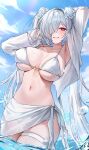  1girl absurdres armpits arms_behind_head arms_up bikini blue_sky blush breasts cinderella_(crystal_wave)_(nikke) cinderella_(nikke) cloud commentary day english_commentary flower goddess_of_victory:_nikke grey_hair hair_flower hair_ornament hair_over_one_eye highres large_breasts long_hair long_sleeves looking_at_viewer navel official_alternate_costume outdoors red_eyes sarong shirt sky smile solo swimsuit thigh_strap twintails very_long_hair wading white_bikini white_shirt zije 