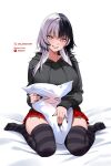  1girl :d black_hair black_hoodie black_thighhighs blunt_bangs breasts commentary english_commentary full_body grey_hair grin highres hololive hololive_english hood hoodie large_breasts long_hair long_sleeves looking_at_viewer multicolored_hair no_shoes oioi_ainomo pillow pleated_skirt red_skirt shiori_novella simple_background sitting skirt smile solo split-color_hair striped_clothes striped_thighhighs thighhighs two-tone_hair virtual_youtuber wariza white_background yellow_eyes 