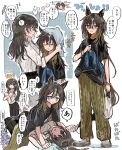  3girls absurdres animal_ears bag black_shirt brown_hair brown_pants commentary_request crossed_bangs double-parted_bangs female_trainer_(umamusume) fenomeno_(umamusume) grocery_bag hair_between_eyes highres holding holding_bag holding_towel horse_ears horse_girl horse_tail kumo_(mokumoku_warabi) long_hair lying multiple_girls on_back pants purple_eyes school_uniform shirt shoes shopping_bag short_sleeves signature speech_bubble standing stay_gold_(casual)_(umamusume) stay_gold_(umamusume) tail towel tracen_school_uniform trainer_(umamusume) translation_request umamusume white_shoes yuri 