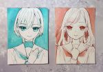  2girls 6th_live_dream_~bloom_garden_party~ blue_theme ceras_yanagida_lilienfeld color-coded commentary_request edel_note hair_ornament hair_ribbon hand_on_own_chest hasu_no_sora_school_uniform iizuka_haruko jellyfish_cut katsuragi_izumi long_sleeves love_live! love_live!_hasu_no_sora_jogakuin_school_idol_club multiple_girls multiple_monochrome neckerchief official_artist_extra photo_(medium) red_theme ribbon sailor_collar school_uniform triangle_hair_ornament twitter_username virtual_youtuber winter_uniform 
