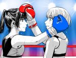  2girls blue_gloves boxing_gloves boxing_ring breasts commentary_request gloves gradient_background hand_on_another's_head high_ponytail highres lee_(dragon_garou) mouth_guard multiple_girls original parted_lips partially_colored ponytail red_gloves short_hair small_breasts smile sports_bra sweat 