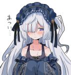  1girl bare_shoulders black_ribbon blue_dress blue_hairband bow closed_mouth collarbone commentary_request crescent crescent_necklace dress dress_bow frilled_dress frilled_hairband frilled_sleeves frills gothic_lolita hair_over_one_eye hair_ribbon hairband highres jewelry karichumasann lolita_fashion lolita_hairband long_hair long_sleeves mahou_shoujo_no_majo_saiban natsume_an-an necklace nervous_sweating off-shoulder_dress off_shoulder one_eye_covered polka_dot polka_dot_bow purple_eyes ribbon simple_background sleeves_past_fingers sleeves_past_wrists solo straight-on sweat upper_body white_background white_hair wide_sleeves 