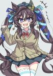  1girl :d ahoge animal_ears big_hair blue_nails blue_ribbon blue_thighhighs blush bouncing_breasts bow bowtie breasts bright_pupils brown_cardigan brown_hair cardigan collared_shirt commentary_request crossed_bangs double-parted_bangs earrings grey_background grey_hat grey_skirt happy hat highres horse_ears jewelry large_breasts long_hair long_sidelocks long_sleeves looking_at_viewer mole mole_under_eye multicolored_hair multiple_hair_ribbons orange_bow pleated_skirt purple_eyes ribbon shirt short_hair_with_long_locks sidelocks skirt smile solo standing streaked_hair thick_eyelashes thighhighs translation_request tsurime twintails umamusume upper_body very_long_hair vivlos_(umamusume) wavy_hair wavy_mouth white_pupils white_shirt white_streaks white_thighhighs ziromaru765 