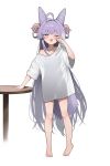 1girl :3 :p ahoge arm_at_side arm_support bare_shoulders barefoot blue_eyes blush commentary_request cone_hair_bun double_bun fox_girl fox_tail full_body gos_song69389 hair_bun hair_ornament hair_rings hand_up highres korean_commentary long_hair multicolored_hair naked_shirt one_eye_closed oversized_clothes oversized_shirt pom_pom_(clothes) pom_pom_hair_ornament purple_hair purple_tail see-through_silhouette shirt short_sleeves simple_background single_bare_shoulder single_off_shoulder solo standing stellive straight_hair streaked_hair t-shirt table tail tenko_shibuki tongue tongue_out very_long_hair virtual_youtuber white_background white_shirt white_streaks 