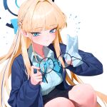  1girl absurdres black_skirt blonde_hair blue_archive blue_bow blue_bowtie blue_cardigan blue_eyes blue_hair blue_halo blush bow bowtie braid breasts cardigan cleaning_eyewear commentary_request glasses hair_bow half_up_braid halo highres long_sleeves looking_at_viewer medium_breasts multicolored_hair onbawa open_cardigan open_clothes round_eyewear shirt skirt smile solo streaked_hair thighs toki_(blue_archive) toki_(school_uniform)_(blue_archive) unworn_eyewear white_shirt 