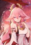  1girl animal_ears bare_shoulders breasts cherry_blossoms cherry_tree chinese_commentary closed_mouth commentary_request detached_sleeves earrings fox_ears fox_girl genshin_impact hair_between_eyes highres japanese_clothes jewelry light_smile long_hair one_eye_closed purple_eyes sideboob sleeping solo tomoe_(symbol) torii tree watermark xiaoan_dk yae_miko 