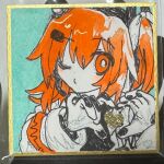  1girl a.i._voice adachi_rei bright_pupils commentary gloves heart heart_hands highres long_sleeves looking_at_viewer one_eye_closed orange_eyes orange_hair sanotsuki_(mochi0101_831) shikishi solo traditional_media utau white_pupils 