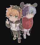  2boys aged_down aoyagi_touya black_background blonde_hair blue_eyes blue_hair child closed_mouth commentary_request drawstring full_body green_eyes grey_outline hairband hand_up hood hood_down hoodie korean_commentary long_sleeves looking_at_viewer male_focus middle_finger mole mole_under_eye multicolored_hair multiple_boys orange_hair outline p0z2i paw_print project_sekai red_hoodie shinonome_akito shoes shorts simple_background socks split-color_hair standing streaked_hair two-tone_hair white_shorts white_socks 