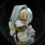  1girl armor blonde_hair breasts clara_rossi615 commentary english_commentary gauntlets grey_eyes grey_hair hair_over_one_eye highres kromer_(project_moon) limbus_company looking_at_viewer multicolored_hair open_mouth pauldrons project_moon shirt short_hair shoulder_armor single_gauntlet single_pauldron solo streaked_hair two-tone_hair upper_body white_hair white_shirt 