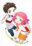  1boy 1girl absurdres blue_pants bow bow_(weapon) brown_hair child closed_mouth commentary_request dress hair_bow hair_slicked_back headphones headphones_around_neck highres holding holding_bow_(weapon) holding_weapon hood hood_down hooded_jacket jacket ju_dingyo_(tobot) korean_commentary kwon_semo long_sleeves looking_at_viewer medium_hair nownnownn open_clothes open_jacket orange_dress pants pink_hair purple_eyes short_hair tobot weapon white_jacket yellow_bow yellow_eyes 