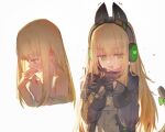  1girl animal_ear_headphones animal_ears black_gloves blonde_hair blush cat_ear_headphones cat_ears cat_tail commentary_request fake_animal_ears girls'_frontline girls'_frontline_2:_exilium gloves green_eyes harpsy_(girls'_frontline_2) headphones highres korean_commentary long_hair mirae283 nervous_sweating solo sweat tail tmp_(girls'_frontline) 