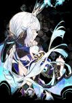  1girl absurdres bare_back bare_shoulders black_background blue_dress cerydra_(honkai:_star_rail) chessboard cocoballking crown crown_(symbol) detached_sleeves dress hair_tie hand_to_own_mouth highres honkai:_star_rail honkai_(series) long_hair open_mouth solo white_hair 