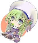  1girl black_thighhighs blue_flower blush chibi chibi_only clover commentary_request dress flower four-leaf_clover full_body garter_straps green_eyes green_hair grey_shoes hanimitsu hat hat_flower juliet_sleeves long_hair long_sleeves looking_at_viewer lowres open_mouth pink_flower pointy_ears priest_(ragnarok_online) puffy_sleeves purple_dress ragnarok_online shoes simple_background sitting smile solo tam_(ragnarok_online) thighhighs white_background white_hat 