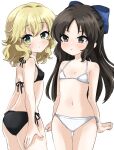  2girls :/ ass bare_shoulders bikini black_bikini blonde_hair blue_bow blush bow breasts brown_hair commentary cowboy_shot dot_nose double-parted_bangs flat_chest forehead green_eyes hair_between_eyes hair_bow halterneck highres idolmaster idolmaster_cinderella_girls long_hair looking_at_viewer looking_back multiple_girls navel pout remiri_nicoeli sakurai_momoka short_hair side-tie_bikini_bottom sidelocks simple_background small_breasts swimsuit tachibana_arisu thighs white_background white_bikini 