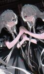  2girls absurdres alternate_costume black_dress blue_eyes bookshelf cevio chinese_commentary closed_mouth commentary_request dress dutch_angle expressionless feet_out_of_frame from_side hair_over_one_eye highres holding_hands interlocked_fingers kamitsubaki_studio long_hair looking_at_viewer looking_to_the_side maid_headdress multiple_girls puffy_short_sleeves puffy_sleeves red_eyes sekai_(cevio) shadow shinjigen_no_kinjite_(cevio) short_sleeves sin_090 sparkle standing textless_version very_long_hair white_hair 