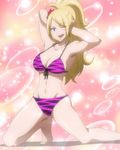 1girl arm_up barefoot bikini blonde_hair blue_eyes breasts cleavage fairy_tail feet flower front-tie_top high_resolution highres jenny_realight jewelry long_hair navel one_eye_closed screencap smile solo stitched swimsuit underboob wink 