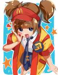  1girl :d absurdres ahoge badge black_eyes black_necktie black_shorts blue_background blush_stickers border brown_hair button_badge collared_shirt commentary contrast_collar cut_bangs employee_uniform fast_food_uniform feet_out_of_frame foreshortening from_above hand_up happi headset highres imadake_dabuchi_tabemi japanese_clothes legs_together looking_at_viewer mcdonald's necktie notice_lines open_happi open_mouth outline outside_border pinstripe_pattern pinstripe_shirt raised_eyebrows red_trim red_visor_cap shirt short_hair short_sleeves short_twintails shorts single_blush_sticker smile solo star_(symbol) striped_clothes striped_shirt tie_clip twintails vertical-striped_clothes vertical-striped_shirt visor_cap white_border white_outline white_shirt yellow_happi yoshinani_taro 