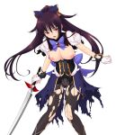  1girl :o black_pantyhose blush bow breasts breasts_out fingerless_gloves game_asset genseishinki_sacred_virth gloves holding holding_weapon large_breasts large_variant_set long_hair looking_at_viewer magical_girl nipples non-web_source official_art open_mouth panties panties_under_pantyhose pantyhose ponytail purple_eyes purple_hair red_eyes sacred_noire self-datamine simple_background solo sword tachi-e torn_clothes torn_pantyhose transparent_background underwear variant_set weapon white_gloves yuugure_pairo yuuki_setsu 