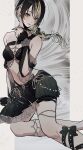  1girl artist_name bikini black_bikini black_sarong blonde_hair braid breasts colored_inner_hair commentary earrings feet_out_of_frame frilled_bikini frills highres idolmaster idolmaster_shiny_colors idolmaster_shiny_colors_song_for_prism ikaruga_luca jewelry long_hair looking_at_viewer medium_breasts multicolored_hair official_alternate_costume sarong solo streaked_hair swimsuit thigh_strap variant_set woga_(ogkntk) yellow_eyes 
