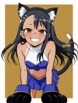  1girl :3 animal_ear_fluff animal_ear_hairband animal_ears animal_hands argenisdraws arm_support bare_shoulders black_hair blue_shirt blue_skirt blush border breasts brown_eyes cat_ear_hairband cat_ears cat_tail cheerleader crop_top earclip fake_animal_ears fake_tail forehead gloves hair_ornament hairband hairclip halter_shirt halterneck highres ijiranaide_nagatoro-san leaning_forward looking_at_viewer medium_breasts medium_hair midriff nagatoro_hayase navel parallel_hairclips parted_lips paw_gloves pleated_skirt shirt skirt sleeveless sleeveless_shirt smile solo spanish_commentary standing stomach tail tanlines white_border white_shirt yellow_background 