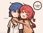  ... 2girls blue_hair bocchi_the_rock! commentary english_commentary english_text hair_ornament hairclip highres hug kita_ikuyo long_hair mole mole_under_eye multiple_girls open_mouth red_hair school_uniform shimejimee shimokitazawa_high_school_uniform shirt short_hair shuka_high_school_uniform simple_background speech_bubble twitter_username yamada_ryo yellow_eyes 