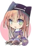  1girl black_hat black_thighhighs blush brown_hair chibi chibi_only commentary_request deviruchi_hat dress full_body garter_straps green_eyes grey_shoes hanimitsu hat juliet_sleeves long_hair long_sleeves looking_at_viewer lowres open_mouth pointy_ears priest_(ragnarok_online) puffy_sleeves purple_dress ragnarok_online shoes simple_background sitting smile solo thighhighs white_background 
