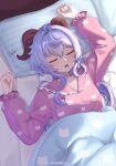  1girl absurdres ahoge artist_name bed blanket blue_hair commentary_request drooling ganyu_(genshin_impact) genshin_impact highres hnbsgy horns long_hair lying on_back pajamas pillow pink_pajamas purple_eyes sidelocks sleeping solo 