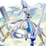  1girl argyro_(monmusu_td) artist_request black_shoes blue_eyes blue_hairband bodysuit bra breasts capelet dragon_girl dragon_horns dragon_tail dragon_wings fur-trimmed_capelet fur-trimmed_jacket fur_trim glasses hairband holding_harp horns jacket large_breasts long_hair low_ponytail monster_musume_td multiple_wings official_art ponytail shoes solo tail thighhighs underwear white_background white_bra white_capelet white_hair white_jacket white_thighhighs white_wings wings 