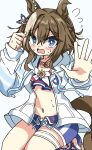  1girl animal_ears bikini bikini_shorts blue_bikini blue_eyes blue_swim_trunks blush braid breasts brown_hair cheval_grand_(summer_calm_navy_drop)_(umamusume) cheval_grand_(umamusume) commentary flying_sweatdrops hair_between_eyes half_up_half_down_braid heart heart_necklace highres hood hooded_jacket horse_ears horse_girl horse_tail jacket jewelry long_sleeves looking_at_viewer midriff multicolored_hair navel necklace official_alternate_costume official_alternate_hairstyle open_clothes open_jacket open_mouth sandals seiza shorts simple_background sitting solo streaked_hair sweat swimsuit tail umamusume white_background white_streaks ziromaru765 