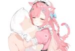  1girl ahoge animal_ears animal_print blue_bow blue_ribbon blush bow braid cat_ears cat_girl cat_hair_ornament cat_print cat_tail closed_eyes closed_mouth dress gloves hair_bow hair_ornament hairclip heart heart_print highres holding holding_pillow indie_virtual_youtuber knees_up long_hair maid maid_headdress mu_(muu14952955) muchao_(yuuki_sakuna) neck_ribbon pillow pink_dress pink_hair pink_tail ribbon short_sleeves simple_background sleeping smile solo star_(symbol) star_hair_ornament tail tail_ornament tail_ribbon two_side_up virtual_youtuber white_background white_dress white_gloves yuuki_sakuna yuuki_sakuna_(3rd_costume) 