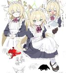  1girl alternate_costume animal_ear_fluff animal_ears apron black_choker black_dress blonde_hair blue_archive blunt_sidelocks blush bow bowtie brown_shoes cat_ears choker closed_eyes double-parted_bangs doyagao dress embarrassed expressive_hair frilled_apron frilled_skirt frills from_above from_below frown full_body green_eyes green_halo hair_between_eyes hair_intakes half_updo halo hands_on_own_stomach highres holding holding_tray juliet_sleeves knees_up kurumi_(blue_archive) legs_together long_hair long_sleeves maid maid_apron mary_janes multiple_views nisumo pantyhose puff_of_air puffy_sleeves red_bow red_bowtie sash shoes short_twintails sidelocks sitting skirt sleeve_cuffs smile smug solo_focus spoken_squiggle squiggle sweatdrop translation_request tray twintails v-shaped_eyebrows very_long_hair white_apron white_headdress white_pantyhose white_sash 