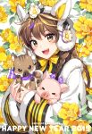  1girl 2019 :d animal_ears artist_name bangs black_shirt blush boar bow braid brown_eyes brown_hair camellia chinese_zodiac commentary_request fake_animal_ears fangs flower fur-trimmed_sleeves fur_coat fur_trim hair_bow hair_flower hair_ornament happy_new_year head_tilt highres leaf long_hair long_sleeves looking_at_viewer nardack neck_ribbon new_year open_mouth original pig pom_pom_(clothes) purple_ribbon quad_tails ribbon shirt sidelocks smile solo tassel upper_body upper_teeth white_coat white_flower wide_sleeves year_of_the_pig yellow_bow yellow_flower yellow_neckwear 