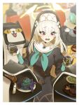  black_dress black_veil blue_archive commentary_request crossed_bangs cup dress drinking_glass green_neckerchief grey_hair hair_between_eyes halo highres hiyori_(blue_archive) holding holding_cup long_hair neckerchief nun nun_headdress oko_(shazz_ocho) open_mouth pan-chan_(blue_archive) purple_eyes restaurant sakurako_(blue_archive) solo_focus sweatdrop veil yellow_halo 