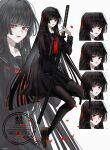 1girl absurdres black_hair black_sailor_collar black_serafuku commentary commission earrings hair_ornament highres holding holding_sword holding_weapon jewelry katana kayoi loafers long_hair long_sidelocks multiple_expressions neckerchief original red_eyes red_lips red_nails red_neckerchief sailor_collar school_uniform serafuku sheath sheathed shoes sidelocks sword thighhighs untranslatable_commentary very_long_hair very_long_sidelocks weapon 