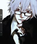  1boy bespectacled black_necktie black_sweater closed_mouth commentary_request dress_shirt glasses grey_hair hair_between_eyes hand_on_own_chin highres lips male_focus nagisa_kaworu necktie neon_genesis_evangelion nose rechi_ta rectangular_eyewear red_eyes shirt short_hair simple_background solo sweater white_background white_shirt 