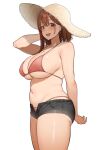  1girl arm_behind_back bare_shoulders bikini bikini_bottom_under_shorts bikini_under_clothes breasts brown_eyes brown_hair commentary_request earrings hat highres jewelry large_breasts looking_at_viewer medium_hair mole mole_under_eye navel ol-chan_(udon) open_mouth original plump shorts sideboob simple_background solo stomach straw_hat swimsuit udon_(udonalium) underboob white_background 