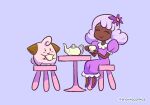  1girl blush_stickers chibi cleffa closed_eyes closed_mouth commentary_request cup dark-skinned_female dark_skin dress eyelashes grey_background happy holding jacinthe_(pokemon) long_hair pokemon pokemon_(creature) pokemon_legends:_z-a purple_dress purple_hair purple_shoes saucer shoes short_sleeves sitting smile snowiecomics stool table teacup teapot twitter_username watermark 