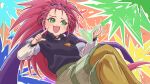  1girl :d artist_name blush breasts commentary_request crossed_legs green_eyes hair_ribbon hakubi_washuu lolibaba long_hair looking_at_viewer pantyhose pomita potion purple_ribbon red_hair ribbon sitting small_breasts smile sweatdrop tenchi_muyou!_ryou-ouki yellow_pantyhose 