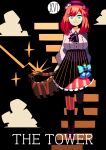  1girl :3 aqua_bow aqua_eyes beret black_background black_ribbon black_skirt bow breasts card_(medium) center_frills closed_mouth cloud collared_shirt commentary_request english_text floating_stairs frilled_skirt frills full_body hair_ornament hat hat_bow high-waist_skirt highres holding holding_weapon large_breasts lightning long_hair long_sleeves looking_at_viewer medium_skirt neck_ribbon nijisanji nogugera on_stairs orange_hair pantyhose pink_bow puffy_long_sleeves puffy_sleeves purple_hat purple_pantyhose purple_shoes ribbon roman_numeral shirt shirt_tucked_in shoes simple_background skirt skirt_bow smile solo sparkle standing striped_clothes striped_pantyhose striped_skirt suzuhara_lulu suzuhara_lulu_(1st_costume) tarot tarot_(medium) the_tower_(tarot) underbust virtual_youtuber weapon white_shirt x_hair_ornament 