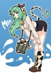  1girl animal_ears animal_print asymmetrical_legwear bag bell black_sclera black_skirt blue_background blue_eyes colored_sclera cow_ears cow_girl cow_horns cow_print cow_tail cowbell crelly crelly_(crelly_3.0) dice_hair_ornament full_body green_hair grey_sclera hair_ornament heterochromia highres horns indie_virtual_youtuber long_hair long_sleeves milk mismatched_legwear mismatched_sclera open_mouth red_eyes rochikoart shirt shoulder_bag side_ponytail skirt solo tail virtual_youtuber white_shirt x_hair_ornament 