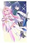  1boy 1girl :d blue_eyes blue_hair blush boots cape commentary_request commission detached_sleeves gloves green_cape grey_boots grey_pants hair_between_eyes hair_intakes harada_(sansei_rain) headpiece highres holding holding_sword holding_weapon long_hair long_sleeves original pants pink_hair pleated_skirt red_eyes sailor_collar shirt skeb_commission skirt smile sword thighhighs thighhighs_under_boots very_long_hair weapon white_boots white_cape white_gloves white_sailor_collar white_shirt white_skirt white_sleeves white_thighhighs wide_sleeves 