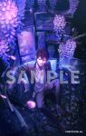  1boy akapii_(jun_0512) bandaged_hand bandages black_jacket black_pants blazer broken_monitor collared_shirt commentary copyright_name copyright_notice falling_petals flower from_above green_eyes jacket kenmochi_touya kenmochi_touya_(1st_costume) knee_up long_sleeves looking_at_viewer male_focus monitor necktie nijisanji official_art open_clothes open_jacket pants petals pouch purple_flower purple_hair red_necktie sample_watermark school_uniform shirt shoes short_hair sitting smile solo sweater_vest virtual_youtuber watermark white_shirt wisteria 