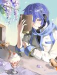  1boy arm_on_table bird black_shirt blue_hair blue_nails blue_scarf blue_trim book closed_mouth coat commentary elbow_on_table flower food hair_between_eyes headset highres holding holding_book kaito_(vocaloid) long_sleeves looking_at_animal looking_to_the_side male_focus mule_1227 one_eye_covered parfait petals scarf shirt short_hair sleeve_rolled_up smile solo untranslatable_commentary vocaloid white_coat wisteria 