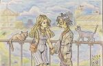  1boy 1girl absurdres aged_down artist_name bag black_cat black_hair blonde_hair blue_eyes blue_sky bracelet bridge building cat cloud colored_pencil_(medium) dated dress dunno_on_the_moon earrings east_asian flag flower freckles glasses gold_bracelet gold_earrings gold_necklace grass grey_haori hetero highres holding holding_bag holding_hands jewelry large_nose medium_hair monolids necklace oc_x_canon orange_cat original pale_skin pointy_ears pond short_hair shoulder_bag signature sky smile traditional_media white_dress 
