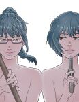  2girls alternate_breast_size_(smaller) black_hair breasts brown_eyes commentary_request glasses gun high_ponytail highres holding holding_gun holding_polearm holding_weapon jujutsu_kaisen mikey_uo multiple_girls nude parted_lips pink_lips polearm ponytail semi-rimless_eyewear short_hair siblings sisters small_breasts smile twins under-rim_eyewear weapon zen'in_mai zen'in_maki 