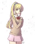  1girl blonde_hair bow brown_cardigan brown_eyes cardigan commentary_request hair_ornament long_hair misao official_art open_mouth ponytail saotome_haruna_(misao) school_uniform scrunchie seeen skirt solo 